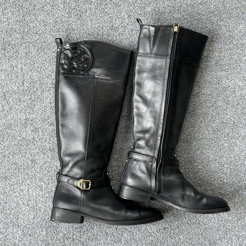Tory Burch Riding Boots Womens Size 8M Black Leather Knee High Logo Gold Buckle